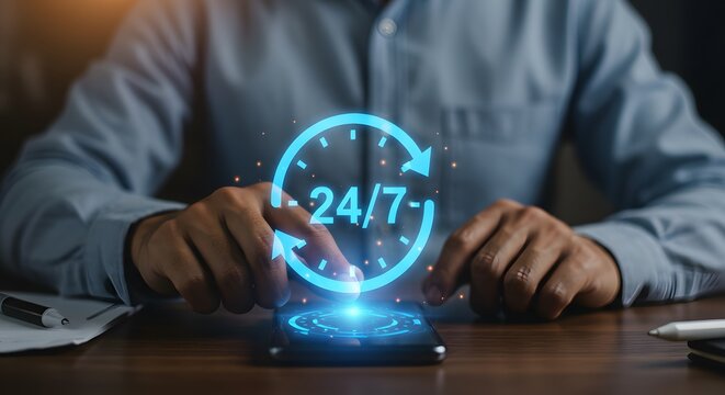 24/7 Support Service Concept: Person Using Smartphone with Digital Clock Icon