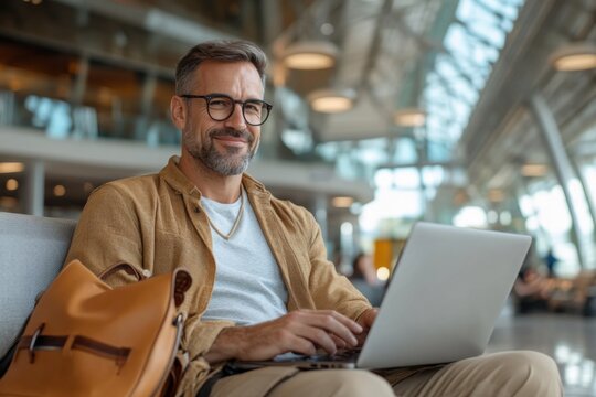 Man using foldable laptop while waiting in airport lounge