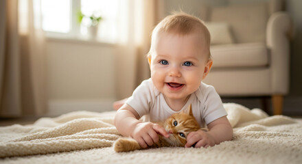 Cheerful laughing baby playing with a cute ginger kitten on a floor blanket, a heartwarming moment of first friendship at home
