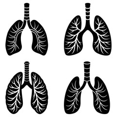 Four stylized black and white lung illustrations with trachea on a white background in a square layout