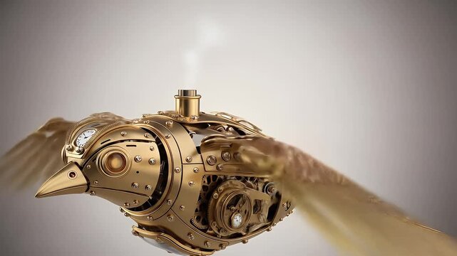 A detailed steampunk mechanical bird with intricate gears and a steam vent, soaring through a softly lit, neutral background.