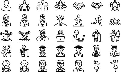 People profession icon set, black and white line style, lifestyle roles, career symbols, activity elements, vector illustration pack
