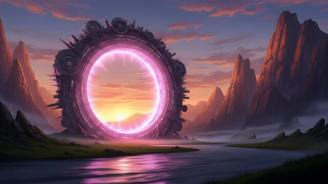 A majestic glowing purple portal stands in a mystical mountain valley at sunset, reflecting in the tranquil river. - Powered by Adobe