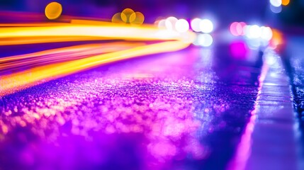Vibrant light trails and bokeh on wet asphalt at night abstract urban scene colorful