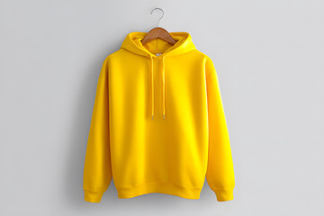 Bright yellow hoodie on hanger against wall. Isolated apparel mockup for branding, streetwear, clothing presentation, e-commerce, and minimalist fashion design.