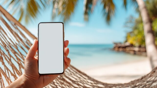 Person relax in hammock, holding mobile phone with blank white screen display. Tropical beach with palm trees. Summer vacation, technology concept. Perfect mobile app advertisement.