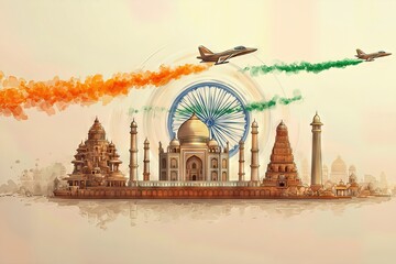 Patriotic India Independence Day Monument Celebration National Flag Tricolor Aircraft Freedom Struggle Heritage Culture Unity Diversity August 15th
