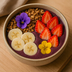 Healthy Acai Smoothie Bowl with Fresh Fruit and Edible Flowers