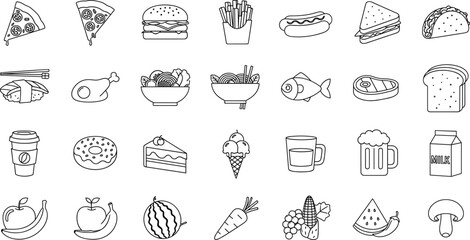 Set of 30 black and white food icons in grid layout, line art style, fast food, drinks, fruits, vegetables illustration