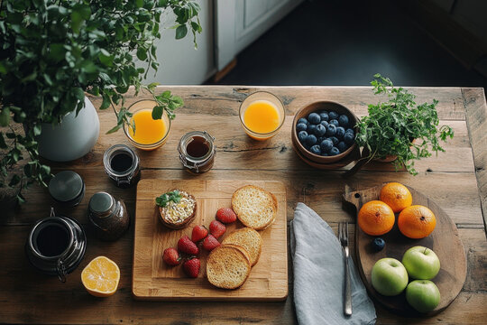 Assorted fruits and bread on wooden cutting board.