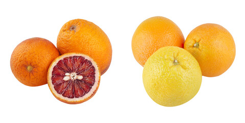 Citrus Duo featuring blood orange and bitter orange, arranged including half cuts to highlight juicy interior texture.