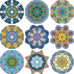 Set of colorful cute Mandalas. Decorative unusual round ornaments.