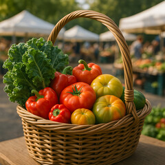 Fresh farmers market basket with tomatoes kale and bell peppers
