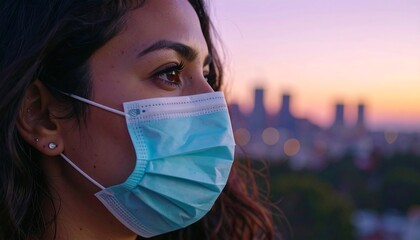 Woman wearing a face mask, sunset view