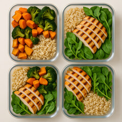 Healthy meal prep containers with grilled chicken rice broccoli and spinach