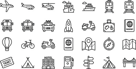 Set of 30 black and white travel icons in grid layout, line art style, transportation symbols, tourism, navigation, adventure illustration pack
