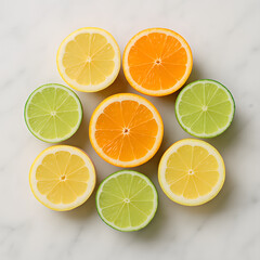 Assorted citrus fruits lemon lime orange halved flat lay on marble background