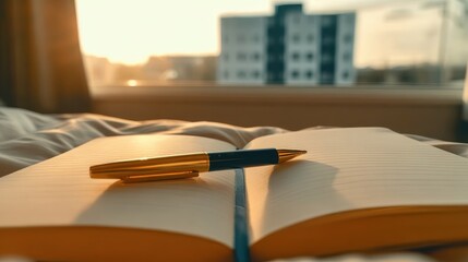 Notebook and pen in morning glow on workspace, perfect for journaling concepts, blogging ideas, and peaceful productivity