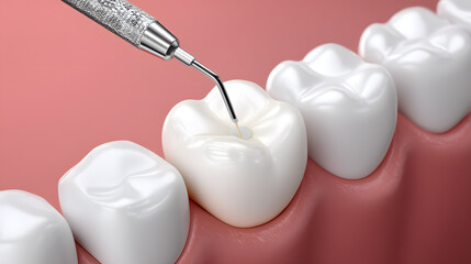 3D rendered dental filling procedure on molar tooth close-up. Dental treatment with composite filling, oral care, dentistry concept, medical illustration for clinics.