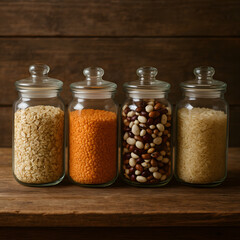 Rustic pantry storage with beans lentils and rice in glass jars on wooden background