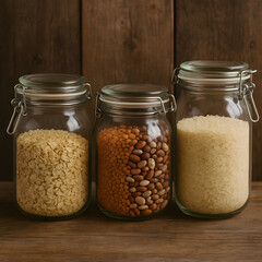 Glass jars with oats lentils beans and rice on rustic wooden background pantry staples food concept