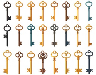 A collection of twenty-four antique-style keys in various colors and designs arranged in neat rows against a white background.