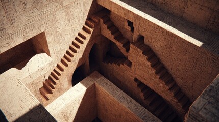 Intricate, sun-drenched, ancient subterranean chambers with multiple stairways