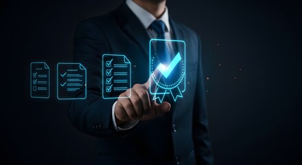 Businessman Approves and Certifies Digital Document with Checklist and Badge