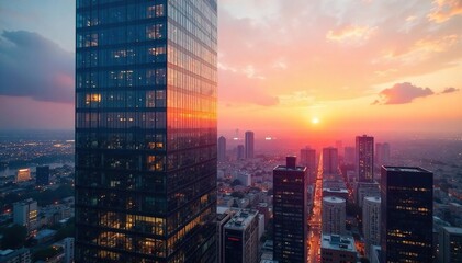 Sleek modern glass office tower reflecting the city skyline at sunset Ideal for corporate, real estate, and architecture projects Shows successful business and urban development , structure, steel