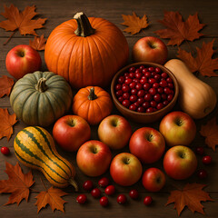 Autumn harvest pumpkins apples and cranberries with fall leaves rustic seasonal food background