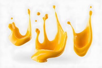 Yellow paint splash isolated on white background. Creative liquid splash effect for design, advertising, mockups, or abstract artistic concept.