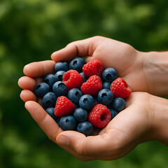 Fresh blueberries and raspberries held in hands natural organic berries healthy eating lifestyle concept