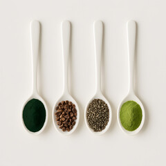 Healthy organic superfood powders and seeds in ceramic spoons flat lay nutrition wellness concept