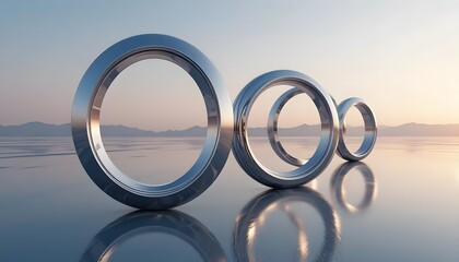 Shiny Metal Rings with Mirrored Reflection on Horizon &ndash; Futuristic Abstract Design
