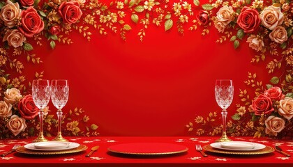 Elegant table setting for special occasions with floral decorations on a solid red background creating an intimate atmosphere