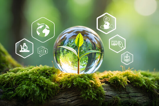 Sustainable Future A Sprout in a Crystal Ball on Mossy Wood with Environmental Icons for Eco-Friendly Business and Green Technology Initiatives for a Better World