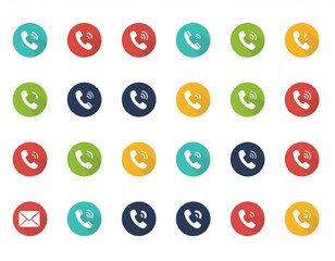 A collection of colorful circular phone icons with varying colors and one envelope icon, arranged in a grid pattern.