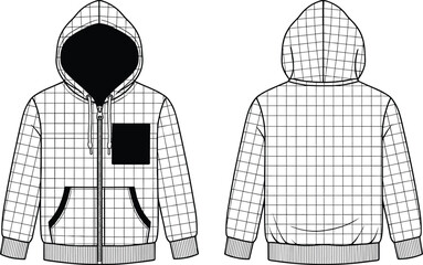 Technical flat sketch of hooded zip-up jacket front and back view, grid pattern, patch pocket, fashion apparel illustration template