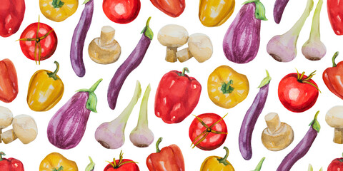Watercolor vegetable seamless pattern. Fall harvest illustration with tomatoes, eggplant, onion, garlic, mushrooms