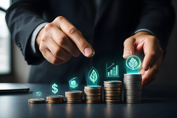 Sustainable Investment A Hand Placing a Coin on a Stack Representing Financial Growth and Environmental Stewardship Through Green Initiatives and Responsible Investing
