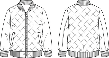 Technical flat sketch of quilted bomber jacket front and back view, diamond pattern, ribbed collar cuffs hem, fashion illustration © S.P