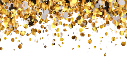 Gold and white confetti falling against a black background