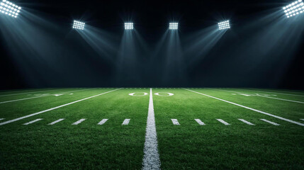 American football field at night from 50-yard line with intense floodlights and dramatic shadows.
