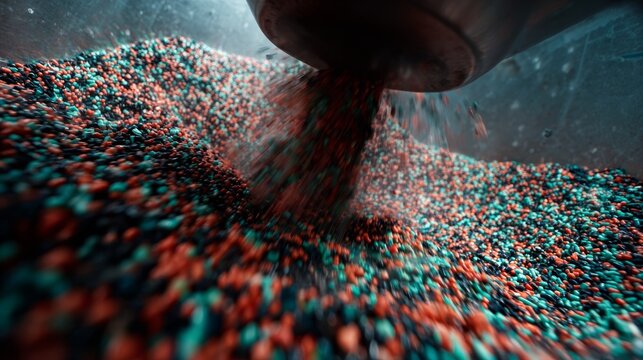 Colored plastic granules mixing in industrial blender