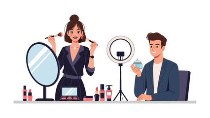 Diverse male and female content creators applying makeup and skincare products in a studio setting with ring light and mirror for beauty tutorials and vlogging