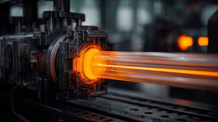 Molten plastic flowing through industrial extruder nozzle with orange glow