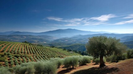 Expansive olive tree garden landscape in a tranquil valley with rolling hills under a clear sky