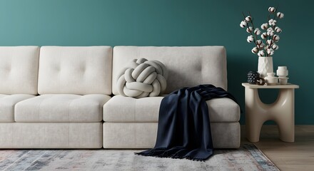 Modern Living Room Interior with Beige Sofa, Knot Pillow, Navy Blanket, and Decorative Vases