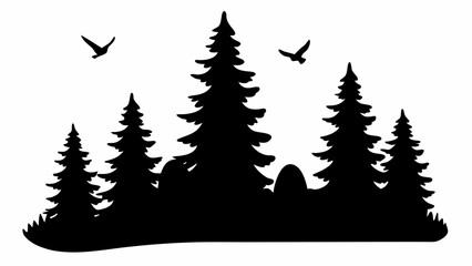 Obraz premium Silhouette of a forest with evergreen trees and birds flying in the sky in a black and white graphic