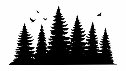 Obraz premium Silhouette illustration of a forest with evergreen trees and birds flying in the sky, scenic landscape view